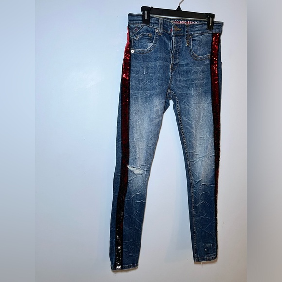 SMUGGLER’S MOON JEANS SLIM FIT DISTRESSED W/ RHINESTONE TRIM. W 30 / L 31 - Picture 11 of 16